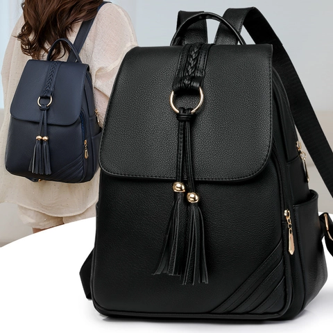 Women Fashion Backpack PU Leather Lychee Grain Large Capacity Tassel Decor Commuter Travel School Bag
