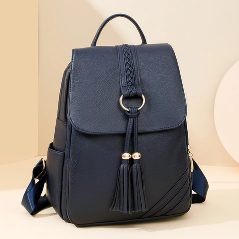 Women Fashion Backpack PU Leather Lychee Grain Large Capacity Tassel Decor Commuter Travel School Bag