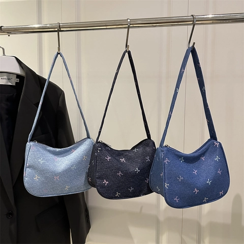 Borsa Sottobraccio Da Donna In Denim Ricamo Fiocchi Colorati Chiusura Lampo Stile Retrò Dolce A Spalla