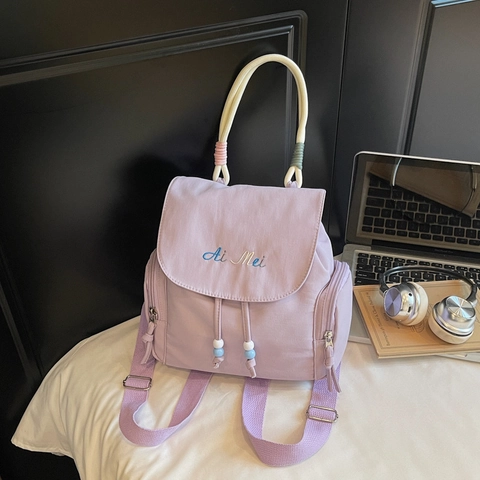 Mochila Casual de Nailon para Mujer Ligera Mini Bolso Escolar Con Cordón Solapa Asa de Cuerda Bordado Color de Contraste Viaje