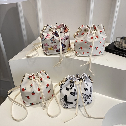 Women Cute Bucket Bag Strawberry Cherry Butterfly Print Drawstring PU Leather Shoulder Crossbody Handbag Korean Style