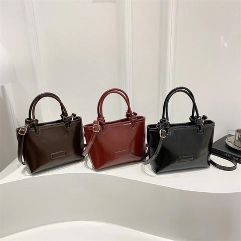 Shiny PU Leather Handbag For Women Knot Design Tote Shoulder Crossbody Bag Retro Solid Color Elegant Fashion Purse