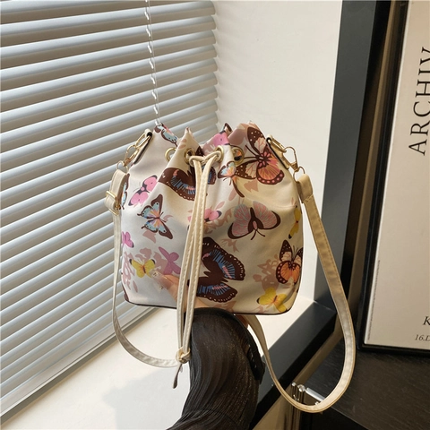 Women Cute Bucket Bag Strawberry Cherry Butterfly Print Drawstring PU Leather Shoulder Crossbody Handbag Korean Style