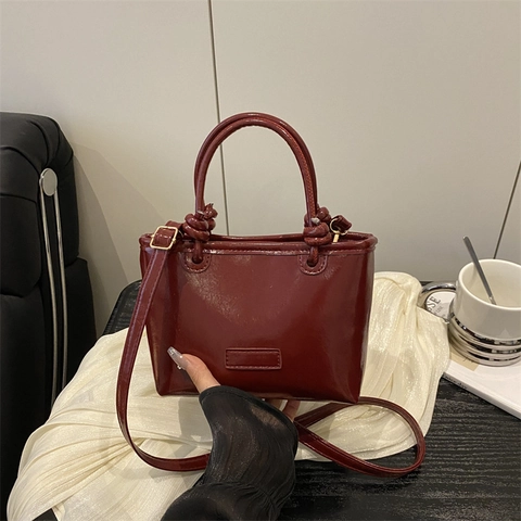 Women Shoulder Bag Glossy PU Leather Square Crossbody Handbag With Knot Handle Adjustable Strap Casual Fashion Retro