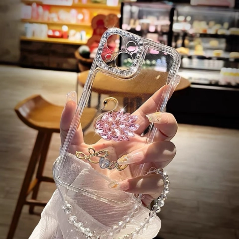 Funda De Teléfono Cisne De Cristal Con Diamantes De Imitación Transparente TPU PC Cubierta Protectora Con Correa De Perlas