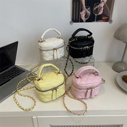 Quilted Mini Vanity Bag PU Leather Small Box Handbag With Chain Strap For Women Fashion Crossbody Shoulder Bag