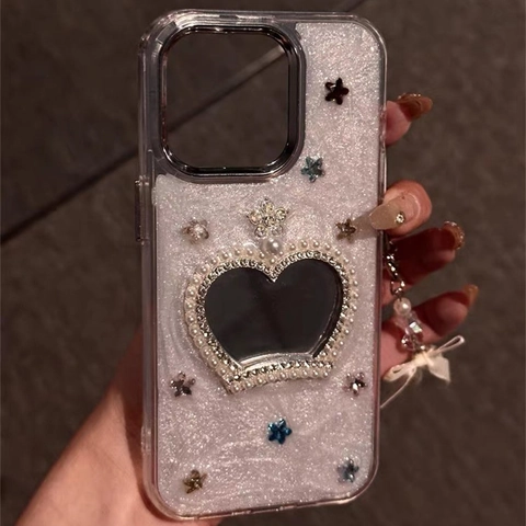 Rhinestone Artificial Pearl Crown Heart Mirror Phone Case Glitter TPU Cover With Bow Charm Sweet Luxury Style For Women Girls