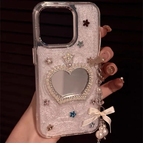 Rhinestone Artificial Pearl Crown Heart Mirror Phone Case Glitter TPU Cover With Bow Charm Sweet Luxury Style For Women Girls