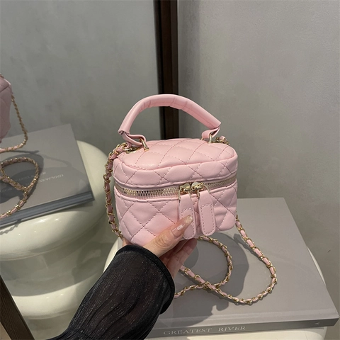 Damen Rautenmuster Gesteppt PU Leder Mini Vanity Case Schultertasche Elegante Handtasche Mit Goldkette Umhängetasche