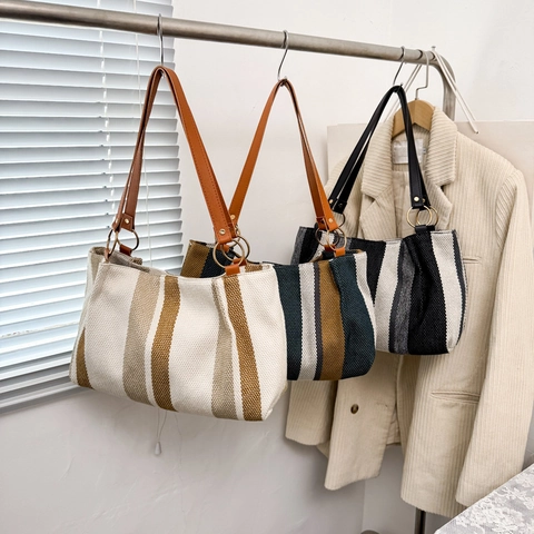Sac Cabas En Toile Rayée Grande Capacité Sac À Main À Bandoulière Avec Poignée En Similicuir Pour Femme Trajet Quotidien