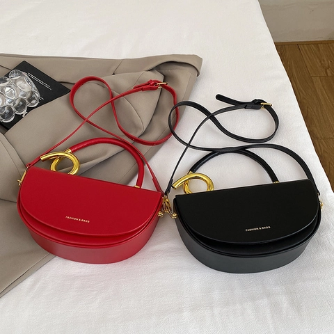 Semicircle Half Moon Handbag Women PU Leather Metal Ring Handle Shoulder Crossbody Bag Trendy Fashion Commuter