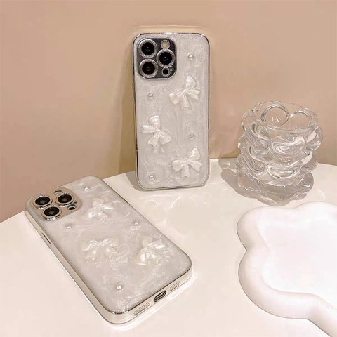 Coque De Téléphone Nacrée Pailletée Avec Nœud En Résine 3D Fausse Künstliche Perle Élégante Douce Protection Pour Smartphone