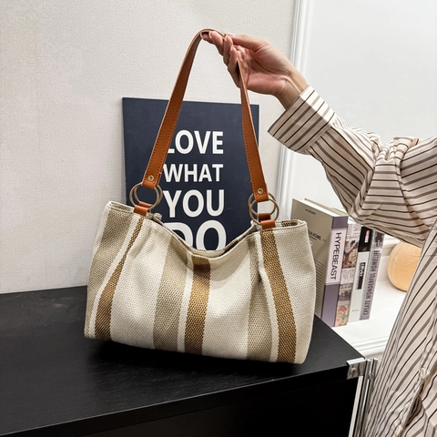 Sac Cabas En Toile Rayée Grande Capacité Sac À Main À Bandoulière Avec Poignée En Similicuir Pour Femme Trajet Quotidien