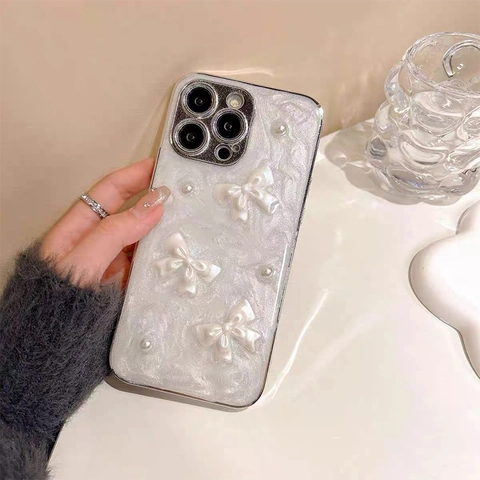 Coque De Téléphone Nacrée Pailletée Avec Nœud En Résine 3D Fausse Künstliche Perle Élégante Douce Protection Pour Smartphone