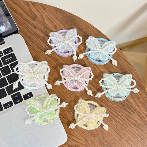 Support Téléphone Magnétique Papillon Broderie Künstliche Perle Griptok Support Bureau Pliable Élégant Style INS Cadeau Femme