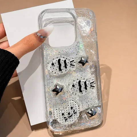 Kawaii 3D Resin Fish Stars Moon Phone Case For iPhone 16 17 Pro Max Transparent TPU Soft Shell Silver Glitter Sweet Cover