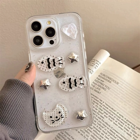 Kawaii 3D Harz Fisch Sterne Mond Handyhülle Für iPhone 16 17 Pro Max Transparent TPU Softcase Silber Glitzer Süßes Cover
