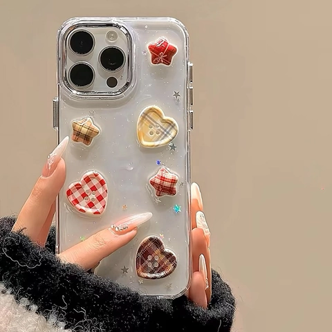 Transparente TPU Handyhülle Kompatibel Mit iPhone 3D Plaid Herz Stern Dekorationen Galvanisierter Rahmen Glitzer Süß