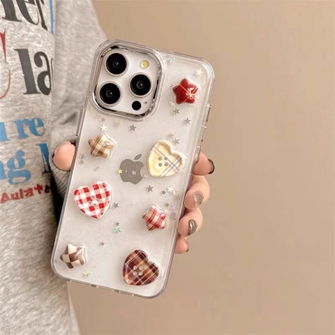 Transparente TPU Handyhülle Kompatibel Mit iPhone 3D Plaid Herz Stern Dekorationen Galvanisierter Rahmen Glitzer Süß