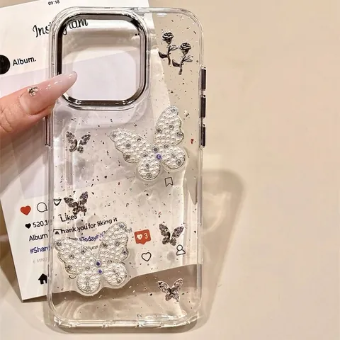 Luxury Artificial Pearl Butterfly Clear Phone Case TPU Silver Glitter Metal Rose Elegant Shockproof Lightweight Protective Cover