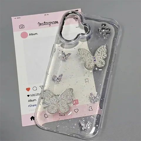 Luxury Artificial Pearl Butterfly Clear Phone Case TPU Silver Glitter Metal Rose Elegant Shockproof Lightweight Protective Cover