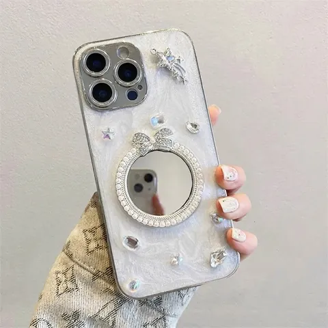 Mirror Phone Case For iPhone Glitter Rhinestone Artificial Pearl Bow Star Decorative Sweet Style TPU Cover