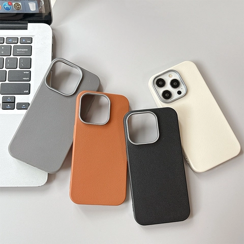 Minimalistische Einfarbige Kunstleder TPU Smartphone Hülle Mit Metall Kamera Schutzring Strukturierte Stoßfeste Rückabdeckung