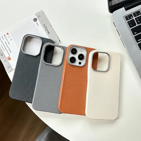 Minimalistische Einfarbige Kunstleder TPU Smartphone Hülle Mit Metall Kamera Schutzring Strukturierte Stoßfeste Rückabdeckung