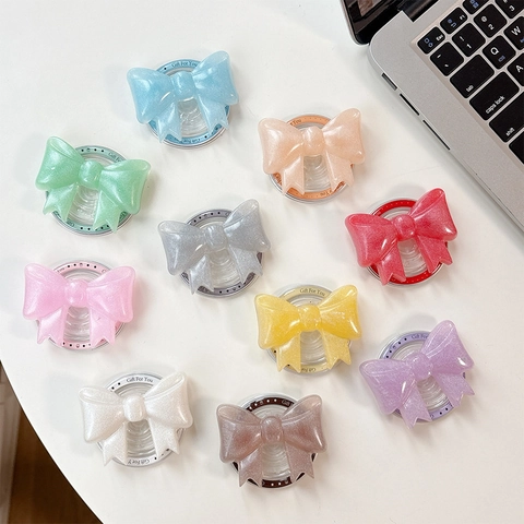 Supporto Per Telefono A Forma Di Fiocco Resina Glitter Magnetico Adesivo Griptok Per Donne Ragazze Stile Ins Coreano