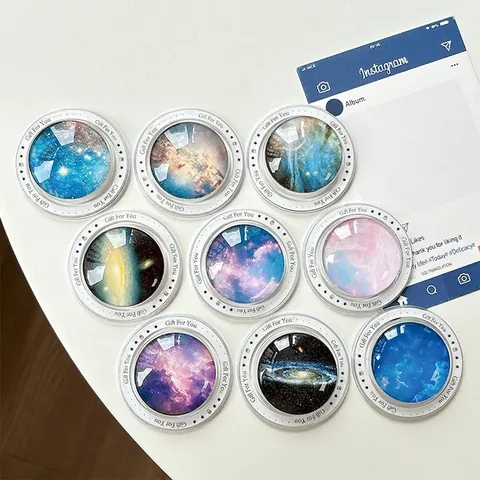 Starry Sky Crystal Glass Magnetic Phone Holder Expandable Round Nebula Pattern Universe Griptok Desktop Bracket Portable