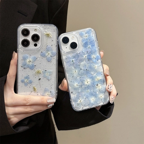 Floral Clear Phone Case TPU Real Pressed Hydrangea Flowers Silver Foil Aesthetic Soft Protective Cover Women Girls