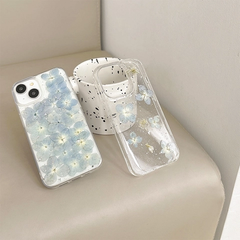 Floral Clear Phone Case TPU Real Pressed Hydrangea Flowers Silver Foil Aesthetic Soft Protective Cover Women Girls