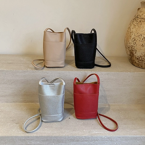 Damen Mini PU Leder Umhängetasche Eimer Tasche Lychee Muster Koreanischer Stil Kleine Handy Tasche