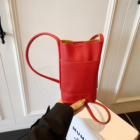 Damen Mini PU Leder Umhängetasche Eimer Tasche Lychee Muster Koreanischer Stil Kleine Handy Tasche