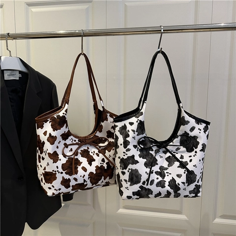 Bolso Tote para Mujer Estampado de Vaca con Moño de Cuero PU Bolso de Hombro Casual Gran Capacidad Estilo Callejero