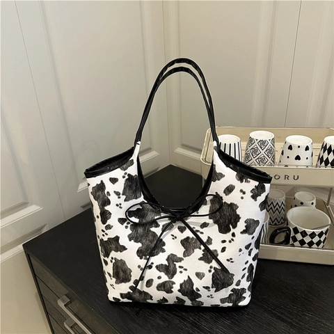 Grote Dames Tote Bag PU Leer Koeprint Schoudertas Met Strik Decoratie Casual Forensen Handtas