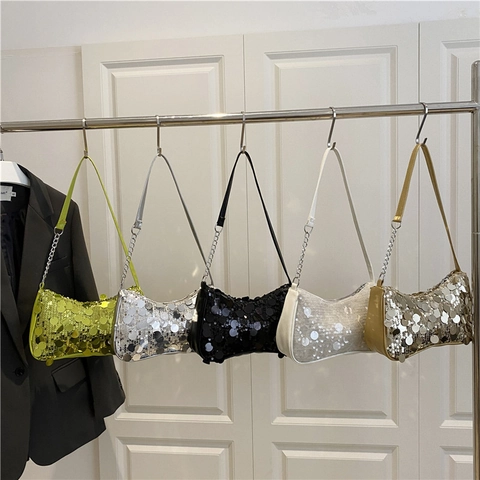 Bolso de Hombro de Lentejuelas de Moda para Mujer Bolso de Lentejuelas Grandes y Brillantes Y2K Retro Fiesta Bolso Baguette con Cadena