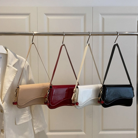 Shiny Patent Leather Underarm Bag Chic Baguette Shoulder Purse For Women With Cherry Pendant Curved Flap Trendy Simple