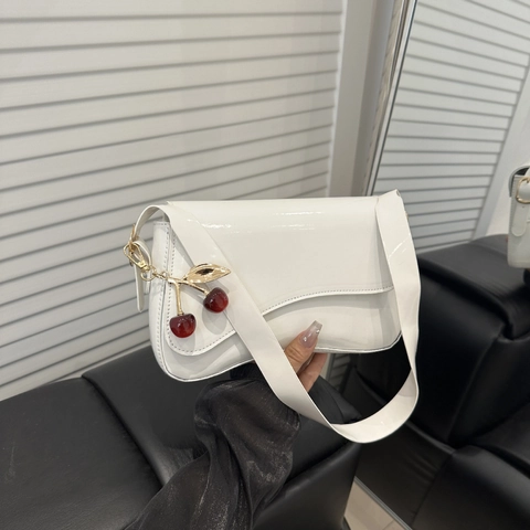 Shiny Patent Leather Underarm Bag Chic Baguette Shoulder Purse For Women With Cherry Pendant Curved Flap Trendy Simple