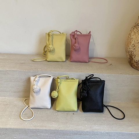 Minimalist Mini Crossbody Phone Bag Litchi Grain PU Leather Textured Shoulder Handbag With Knot Decor For Women