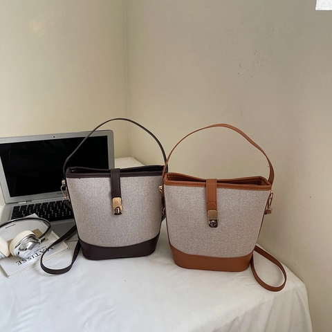 Vintage Canvas Patchwork PU Leather Bucket Bag For Women Retro Handheld Crossbody Shoulder Bag With Metal Lock