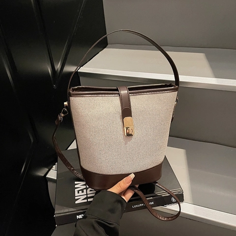 Vintage Canvas Patchwork PU Leather Bucket Bag For Women Retro Handheld Crossbody Shoulder Bag With Metal Lock