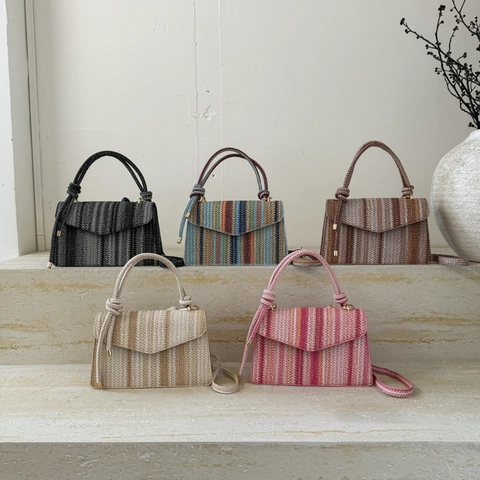 Women Fashion Woven Texture PU Leather Shoulder Bag Casual Stripe Crossbody Small Square Bag With Top Handle And Strap