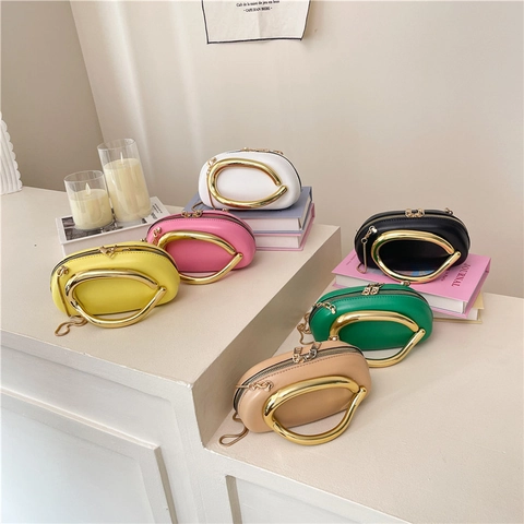 Women Fashion PU Leather Shoulder Bag With Gold Metal Ring Handle Crossbody Purse Chain Strap Oval Shape