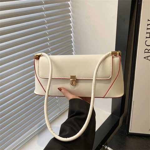 Retro PU Leather Baguette Bag For Women French Minimalist Underarm Shoulder Bag With Gold Metal Buckle Solid Color Flap