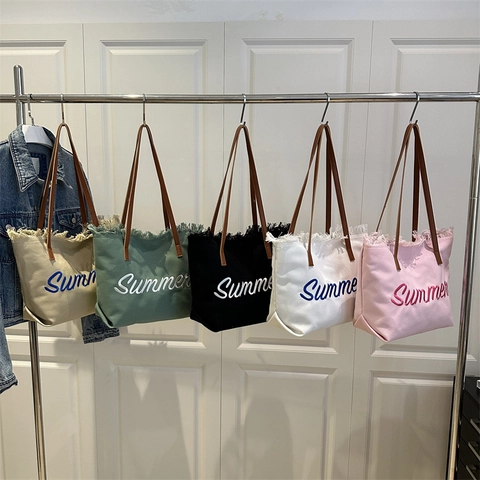 Borsa Tote In Tela Con Ricamo Lettere Estive E Bordo Con Frange Grande Capacità Borsa A Tracolla Casual Manici In Pelle