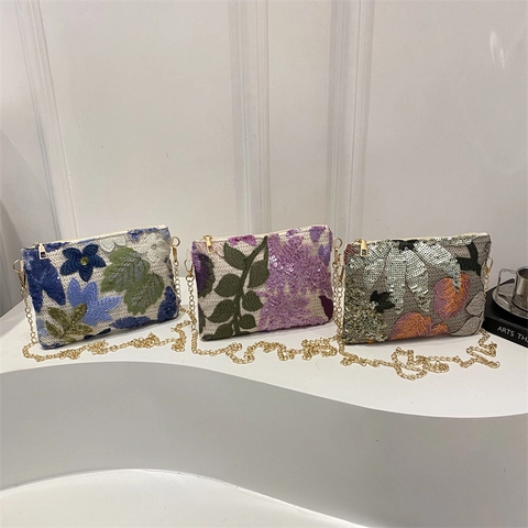 Womens Vintage Floral Embroidery Sequin Crossbody Bag Small Square Handbag With Metal Chain Shoulder Strap Evening Bag