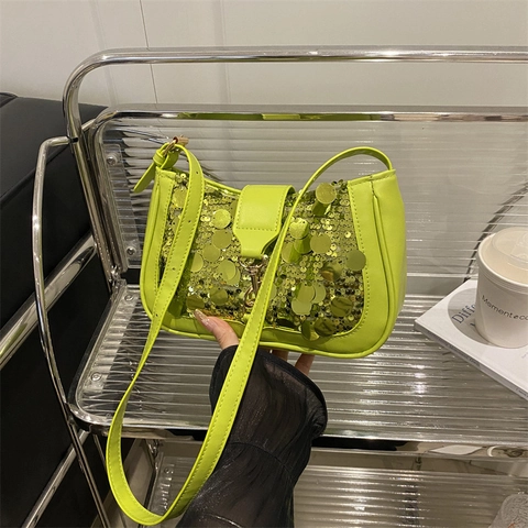 Sac Sous Le Bras Paillettes Femmes Cuir PU Épaule Chic Brillant Baguette Sac À Main Fête Style Quotidien Boucle Métal