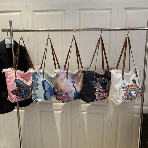 Women Large Capacity Canvas Tote Bag Vintage Peacock Butterfly Print Fringed Tassel Shoulder Handbag Shopping Beach Bag