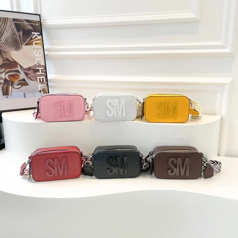 Fashion Camera Bag Women PU Leather Crossbody Small Square Purse With Patterned Wide Webbing Strap Double Zipper